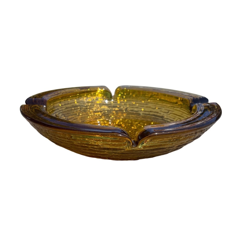 Vintage Mid-Century Modern Amber Textured Glass Ashtray & Retro Catchall Dish 9"